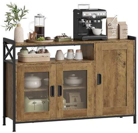 WOLTU Credenza Cucina con 3 Ante, Mobile Buffet Salvaspazio con 2 Ripiani Regolabile, in Legno e Metallo, per Cucina, Soggiorno, Ingresso, 110x33x75 cm, Effetto Legno Marrone