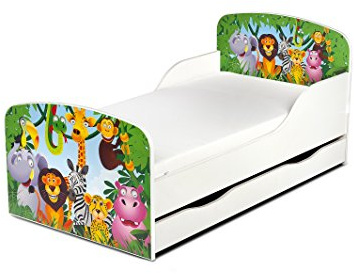 leomark Letto per bambini in legno, cassetto e materasso, rete a doghe, mobili per bambino, magnifiche stampe, dimensioni del materasso 140 x 70 cm, colore bianco con motivo: GIUNGLA