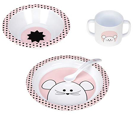 LÄSSIG Kindergeschirr Set (Teller, Becher, Schälchen, Löffel) ohne Melamin, BPA-frei, für Spülmaschine und Mikrowelle/Dish Set PP Little Chums Mouse
