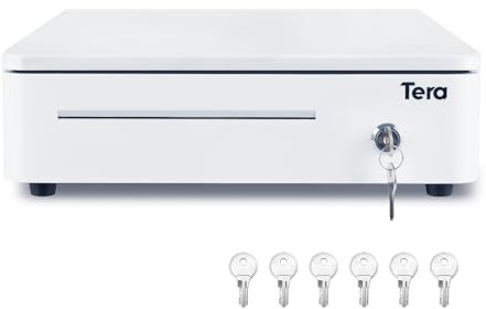 Tera Elektronische Kassenschublade mit 1 Herausnehmbarem Münzfach, geldscheine Geldlade touch, 4 Geldscheinfächern und 1 Medienfach, Geldschublade für kleine Unternehmen Geschäfte, Modell 330R weiß