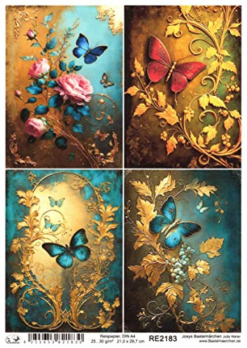 Josys Bastelmärchen Reispapier A4 Strohseide Vintage Gold Patina Blumen Schmetterling Shabby RE2183