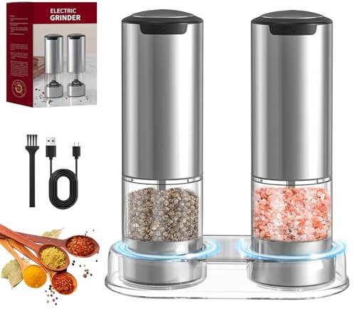 TAVADA Macina Pepe Elettrico, [2 Pezzi] Macina Sale e Pepe Automatico in Acciaio Inossidabile, Macinapepe Ricaricabile, Funzionamento con Una Sola Mano, Ruvidità Regolabile