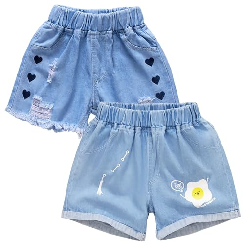 L SERVER Enfant Short en Jean Fille Short en Coton Décontracté Short en Denim 2 Pièces Shorts pour Eté, Bleu B (2Pcs), 9-10 Ans