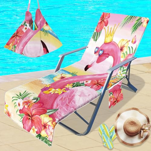 Treer Beach Chair Cover Towel, Microfiber Beach Towel 3D Flamingos Beach Sunbed Towels, Portable Sun Lounger Towels with Pockets, Towel for Beach Garden Vacation (Flamingos A,210x75cm)