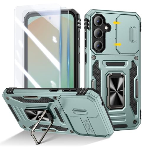 Doeshine for Samsung Galaxy S24 FE Case, 2 Pack Screen Protector, with 360°Rotate Ring Kickstand & Slide Camera Cover, Shockproof Military Drop Protection Case for Samsung Galaxy S24 FE (Green)