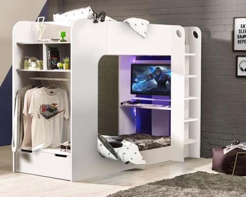 happybeds Gaming Bunk Bed, Impact White Cream Neutral Wooden Gaming Bunk Bed (White, 3FT - Frame Only)