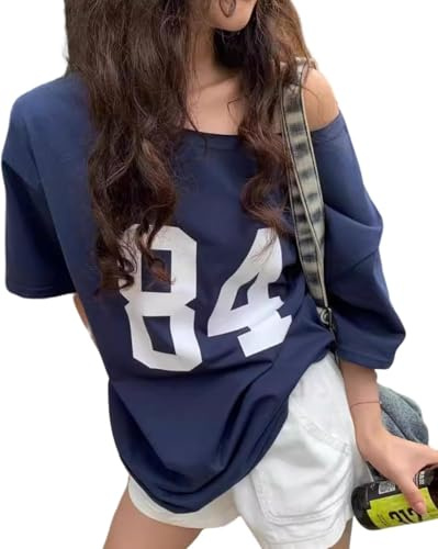 LLECDASEUI Womens One Shoulder Y2k Graphic T-shirts Short Sleeve Number Print Asymmetrical Top Jersey E-Girl Tees (M,Blue)