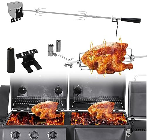 ISOISL Kit de tournebroche en acier inoxydable de 107 cm avec 2 piques à viande, tournebroche universelle en acier inoxydable, pince à viande, moteur, tournebroche pour barbecue à gaz 220-240 V,