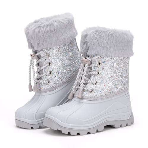 EUXTERPA Kids Warm Snow Boots Wellies For Boys Girls Winter Fleece Liner Boots Unisex Children Waterproof Silver Wellington Boots Size 13 UK Child