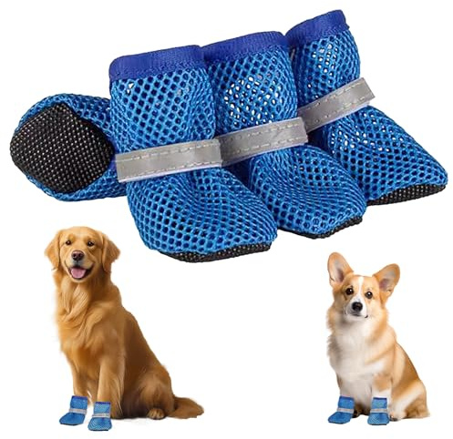 CUVZORA 4 Scarpe per Cane Estive in Maglia Traspirante - Antiscivolo con Bande Riflettenti, Leggere e Comode per Pavimenti Caldi (Blu, Taglia L)