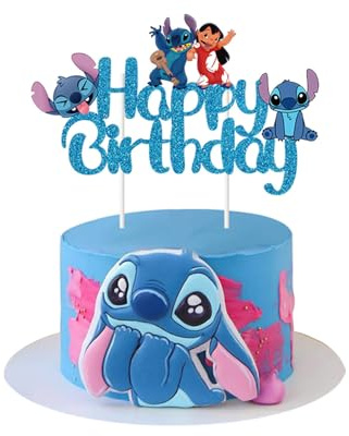 Blue Cake Topper, Glitter Happy Birthday Cake Decorations, Boys Girls Cute Cartoon Theme Party Supplies