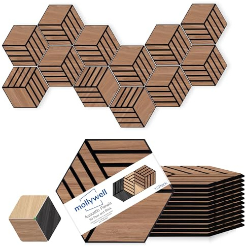 Mollywell Hexagon Acoustic Panels, Teak, 12 Pack, 35x30 cm