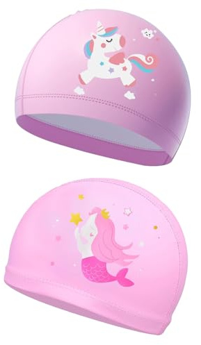 2Pcs Kids Swimming Caps, Unique Design Girls Swimming Cap Kids 6-14, Pink Swim Caps Swim Hats, Waterproof Swimming Caps for Children's Pool Bathing