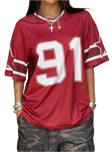 Fronage Women's Y2K Number 91 Print Jersey Oversized Baseball Jersey Short Sleeve Tops Streetwear T Shirt Aesthetic Clothes Red