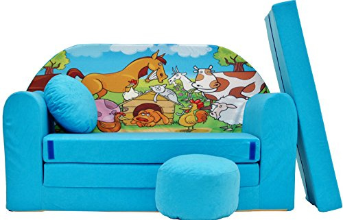 Pro Cosmo Divano letto pieghevole per bambini con funzione letto Perfetto per giocare e dormire - Con materasso, cuscino e pouf sfoderabili - 98x168x59 cm (B5) Blu - Animali in campagna