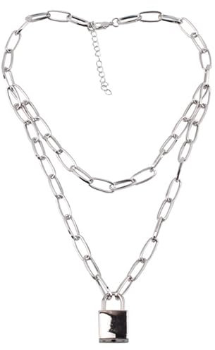 Left Girl Halskette Kette Halskette Damen Herren Dicke Kette mit Schloss Anhänger Halskette Punk Modeschmuck Anhänger Halskette, Silber
