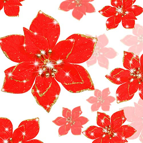 Lot de 36 Fleurs de Poinsettia artificielles à Paillettes - 3 Tailles - étoiles de Noël - Décoration pour Noël, Nouvel an, Maison, extérieur (Rouge, 7,6 cm / 10 cm / 15 cm)