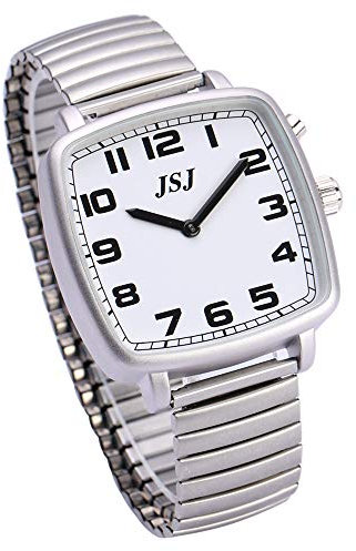 VISIONU Quadratische Deutsch Sprechende Armbanduhr mit Weckerunktion, Sprachfunktion Uhrzeit und Datum, Weiß- Ziffernblatt, Edelstahlzugband TGSW-1701G