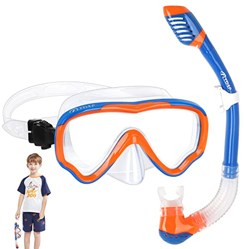 Rtdep - Set da snorkeling per bambini, con visuale a 180°, con boccaglio Dry Top, in vetro temperato, maschera di sicurezza per immersioni subacquee, attrezzatura da snorkeling per ragazzi e ragazzi