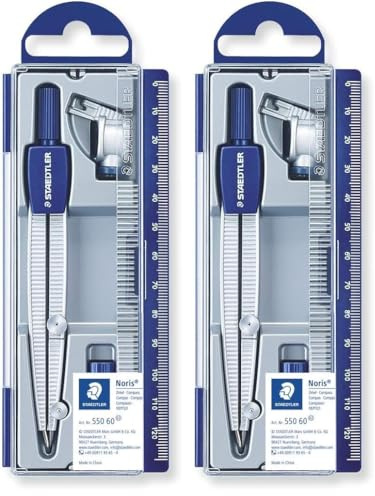 STAEDTLER Noris Club 550, Set de Dibujo Estuche, Compás Escolar, Adaptador y Tubo de Minas, Azul/Metálico (Paquete de 2)