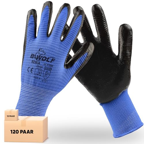 BWOLF Xenia Lot de 12/120 Paires de Gants de Travail pour Homme - Gants de mécanicien - Gants de Montage avec Paume Robuste en Nitrile (12, 9)