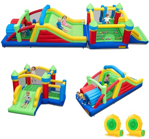 COSTWAY Castello Gonfiabile per Bambini, Parco Giochi Gonfiabile con Scivolo Lungo e Trampolino, Pali Ostacolo, Parete Arrampicata e Palline Oceaniche, per Bambini 3-12 Anni (Con Soffiatore)