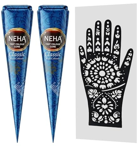 Neha Fast Colour Henna Cones and Stencil Kit (Pack of 2), Quick-Developing Paste for Traditional Designs, Rich Classic Finish, DIY Floral Pattern Templates, Dual Application Set