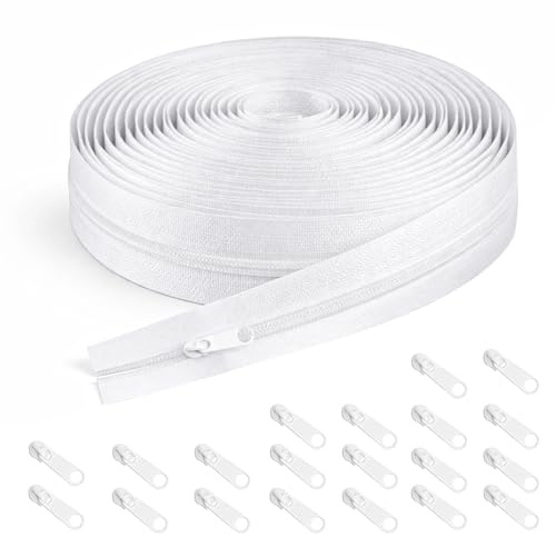 White Zips for Sewing, 10 Meter 10.9 Yards Metal Coil Zipper by Yards | Endless Replacement Sewing Zippers with 20 Sliders Pulls for Repair DIY Craft Bags, Pillows, Clothes, Cushions, Tents