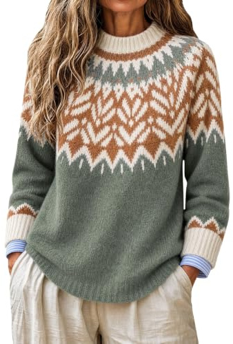Générique Pull Fair Isle Femme Norvégien Vintage Tricot Pulls Oversize | Chaud Grande Taille Col Roulé Manches Longues Pulls Islandais Automne Hiver Chic et Élégant Ample Chandail Halloween Noël