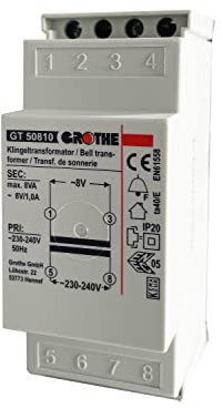 Heidemann Klingeltransformator Grothe (kurzschlusssicher Failsafe, Primärspannung 230 - 240 V ~ 50 Hz, Einbau in Elektroverteiler auf DIN-Schiene 35mm, Funkklingel) 70042