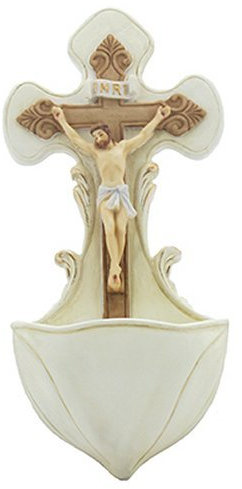 Catholic Crucifix Holy Water Font - Veronese Holy Water Font + Lourdes Prayer Card