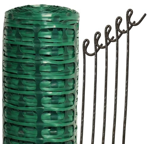 Suregreen Green Plastic Barrier Fencing Mesh with 5 Steel Pins | 1m x 15m Roll | 80g/m² Lightweight, Recycled Mesh for Temporary Garden Fencing, Dog Barriers & Outdoor Projects