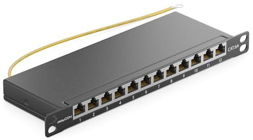 deleyCON CAT 6a 0,5 HE Patchpanel Mini Verteilerfeld 12 Port - Desktop 10 Zoll Rackeinbau Servermontage RJ45 geschirmt TIA568A TIA568B RAL 9005 Schwarz