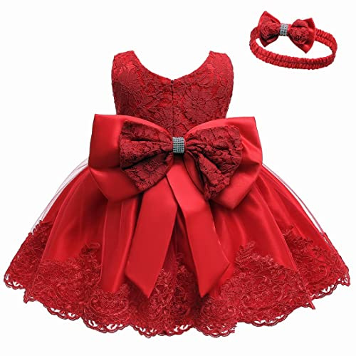 LZH Robe Fleur Bébé Fille Volants Dentelle Tulle Nœud Bandeau 0-3 Ans | Robe Bébé Fille Dentelle Tulle Avec Bandeau Nœud Assorti, élégante Pour Noël, Mariage, Concours, Anniversaire Et Soirée