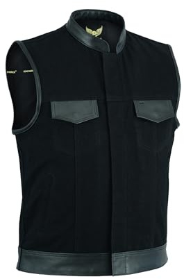 Leatherick Chaleco de hombre con ribete de cuero y denim estilo motero Moda casual