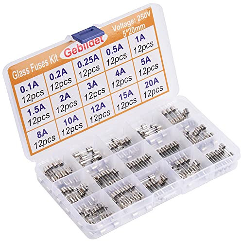 Gebildet 15 Werte 180pcs 5×20mm 250V Fast-Schlag Glas Sicherungen Sortimentskit(0.1A/0.2A/0.25A/0.5A/1A/1.5A/2A/3A/4A/5A/8A/10A/12A/15A/20A,Jedes 12pcs)
