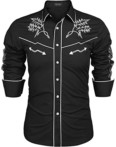 COOFANDY Chemise de cowboy western à manches longues brodée en coton coupe ajustée décontractée boutonnée pour homme, 01 - Noir, Taille L