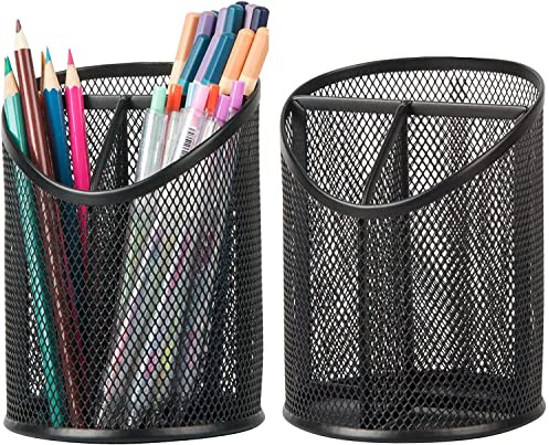 Delifox 2 Pack Pen Holder Mesh Round Pencil Holder Desktop Organizer 3 Compartments, Black