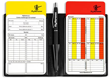 MyReferee Set d'arbitres Mini football avec cartes de notes de jeu FRANÇAIS, stylo à bille, cartes disciplinaires | Kit arbitre