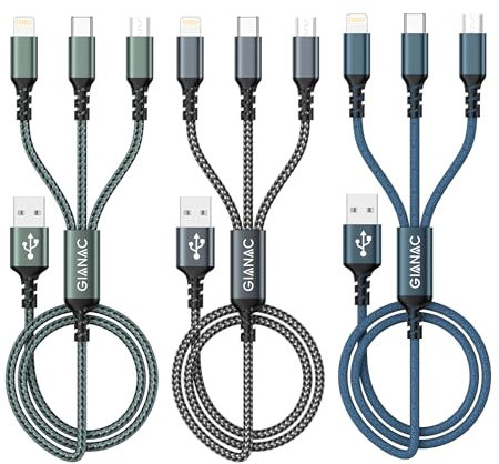 Câble Chargeur Multi Embout,3 en 1 Câble Universel [1.2M/Lot de 3] Câble multi chargeur de Chargement avec Lightning+ USB C+ Micro Connecteur pour iPhone 13/12/11/XS,Galaxy S21 S20,Huawei P30 P20