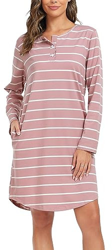Lovasy Nachthemd Damen Baumwolle Langarm Schlafshirt Streifen Nachthemden für Damen mit Knopfleiste und Zwei Taschen,Rosa,M