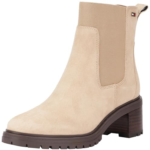 Tommy Hilfiger Botines Chelsea Mujer Flag Mid Heel Suede de ante, Beige (Beige), 39