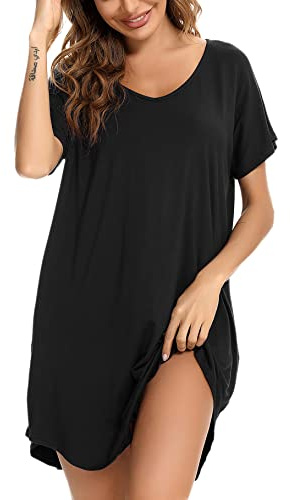 Aseniza Chemise de Nuit Femme Chemises de Nuit Coton Robe de Nuit Grande Taille à Manches Courtes Vêtements de Nuit avec Poches Robe Tee Shirt De Nuit Ample Confortable Maison Beach