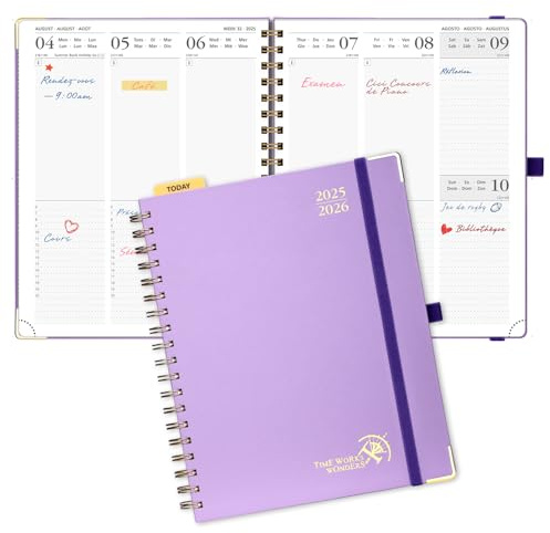 POPRUN Agenda 2025 2026 Semainier 25,5 x 21,5cm D'Août 2025 à Déc 2026, Planner Vertical Scolaire 17 Mois Couverture Rigide Spirale, Avec règle signet, Papier 80g/m², Violet
