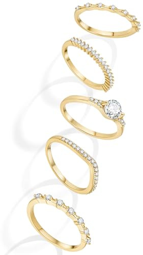 Macachii 5 Piezas 12-22 Anillos Plata Oro Mujer Compromiso Chapado en Oro 14K con Circonitas Sortijas Apilables Anillo Promesa Romántico Joyas de Mujer Piedra para Novia Esposa Mamá