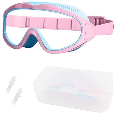 HD Schwimmbrille Kinder mit Ohrstöpsel Schwimmen, Taucherbrille Kinder 3-16 Jahre, Großes Objektiv, Anti-Beschlag, Kein Auslaufen, Verstellbare Schwimmbrillen für Kinder, Mädchen, Jungen, Rosa