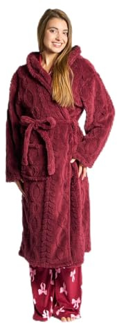 OHS Dressing Gowns Unisex Super Soft Warm Cable Knit Fleece Hooded Bathrobe Full Length Comfortable Cosy Dressing Gown Womens Men for Sleepwear Loungewear, Burgundy