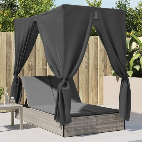 HaoChrymec Bain de Soleil Double, Transat Jardin Exterieur avec Toit et Rideaux, en Rotin PE Résistant, Dossier Réglable 4 Positions, Coussin Épais Confortable,Gris Clair, 200 x 114 x 196 cm