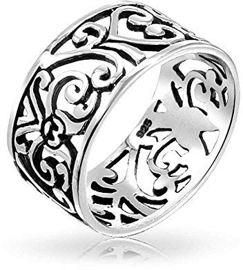 Bling Jewelry Anillo de Banda Ancha con Corazón de Hojas en Espiral Abierta de Filigrana de Parra en Plata de Ley .925 para Mujeres y Adolescentes de 8 MM