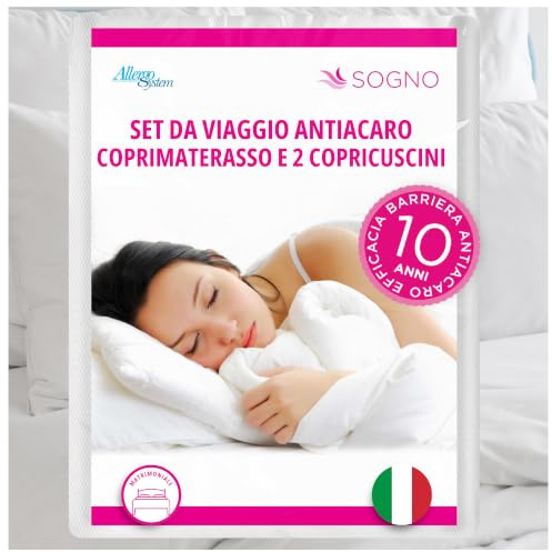 Allergosystem Set da Viaggio Coprimaterasso Antiacaro Matrimoniale 170x200cm e 2 Federe Cuscino Letto con Cerniera 50x80cm Made in Italy - Biancheria da Letto per Trasferte e Vacanze - Linea Sogno